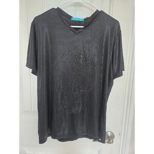Perruzo Los Angeles Men’s XL Black Rhinestone Skull V-Neck Shirt Faux Reptile